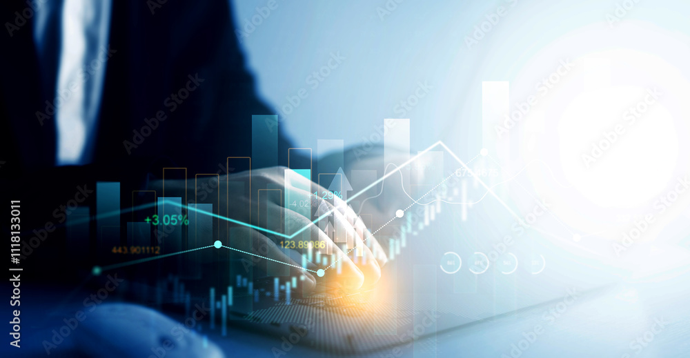 Poster Businessman using laptop for analyzing data sales and financial graph chart. Business development strategy,analysis and planning.Financial marketing graph and profit stock market.	