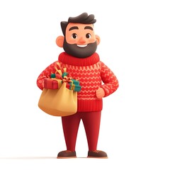 Fototapeta premium Cartoon Character in Red Sweater, Holding Bag of Presents on a White Background