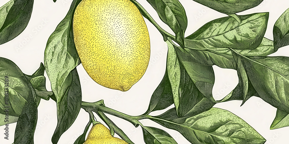 Aufkleber a drawing of a lemon tree with a lemon on a branch. the drawing is in black and white and has a vint