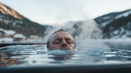 Fototapeta premium Man relaxing in a hot tub with a mountain view