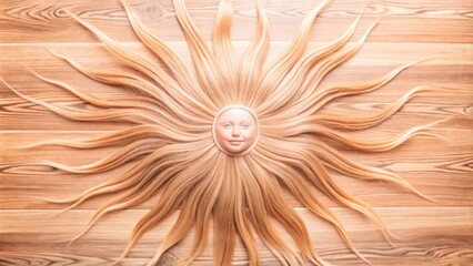 A Female Face Surrounded by Blonde Hair Arranged in a Circular Pattern on a Wooden Surface