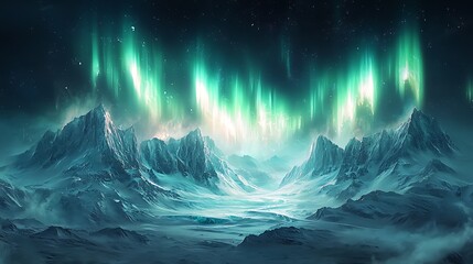 Naklejka premium A breathtaking view of the Aurora Borealis illuminating a snow-covered mountain range in a vast, frozen landscape.
