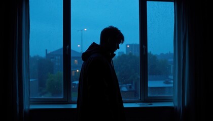 Fototapeta premium A person in a dark hoodie stands by a window on a rainy day, with a cityscape visible outside. The scene is bathed in blue light, creating a somber and reflective atmosphere