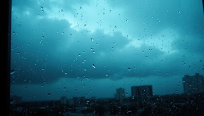 The image shows a rainy window with water droplets on the glass, overlooking a cityscape under a cloudy, blue-tinted sky. The scene evokes a melancholic, serene mood, fitting the "Blue Monday" theme