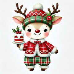 A cheerful reindeer character in festive attire holding a holiday dessert, embodying the spirit of Christmas.