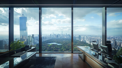 Fototapeta premium Transforming workspaces futuristic office design urban skyline visual content modern environment panoramic view advanced technology concept