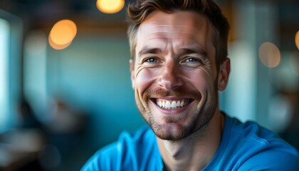 Fototapeta premium A happy smiling Caucasian man in a cafe