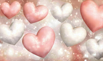 Fototapeta premium Sparkling rose gold and silver hearts on a bokeh background, perfect for Valentine's Day, romantic designs, or wedding invitations.