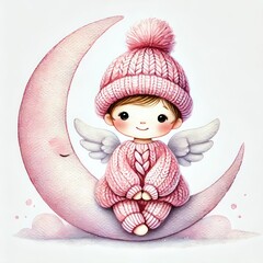 Fototapeta premium A cute angelic child character in a cozy pink outfit sitting on the moon, embodying innocence and charm.