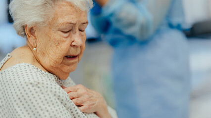 Banner of old woman terminal diagnosis or serious health issues. Elderly patient holding her chest,...
