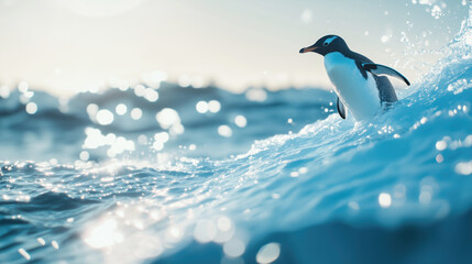 Fototapeta premium Penguin surfing on a sparkling ocean wave