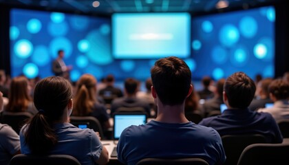 Audience attentively watching large projection at tech conference. Attendees engaged in presentation. People sitting in auditorium. Event features projector, screen. Shows modern presentation style.