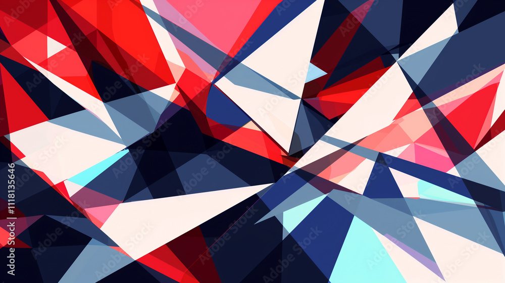 Poster a design of the american flag using sharp, geometric shapes and a balanced color scheme, emphasizing