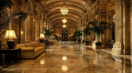 Fototapeta premium A grand, ornate hallway with marble floors, columns, and chandeliers.
