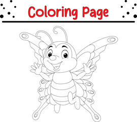 Cute and happy Butterfly coloring page for kids. Black and white Moth coloring book page.