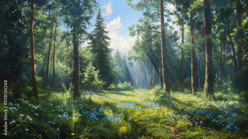 Poster sunlight filtering through trees a serene forest illuminating wildflowers and dappled shadows