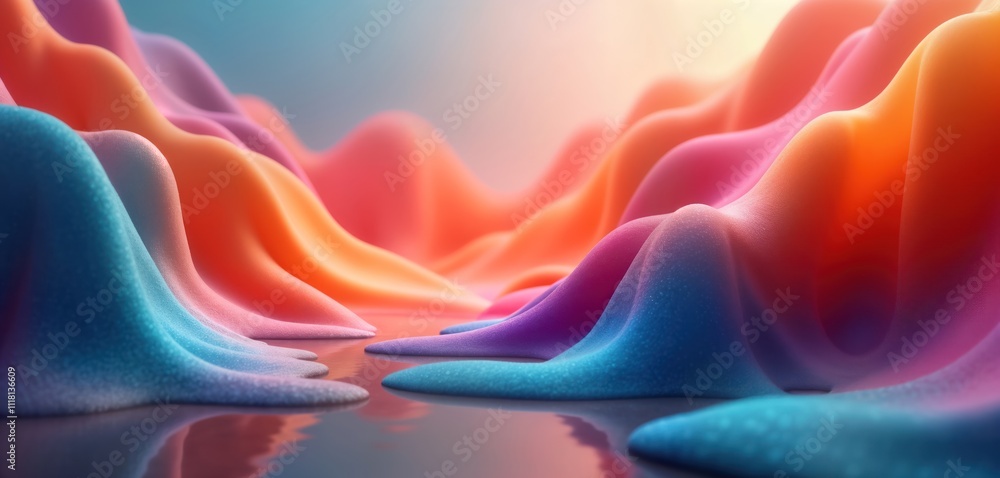 Fototapete Abstract 3D landscape with flowing colorful shapes. Smooth vibrant hues create dynamic visual effect. Fluid forms cascade, blend. Abstract design suitable for tech backgrounds. Modern, innovative