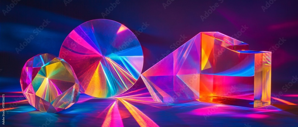 Wall mural abstract light refraction and prism reflections creating vivid, colorful shapes and patterns on a da