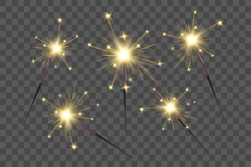 Fototapeta premium Christmas bengal light set. Realistic sparkler lights isolated on transparent background. Festive bright fireworks. Element of decorations for celebrations and holidays. Vector illustration