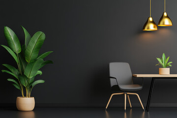 Modern office interior design featuring a dark room, potted plants, golden ceiling lights, and sleek furniture for a contemporary workspace ambiance