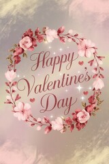 Happy valentine's day greeting with romantic flower wreath and sparkling lights
