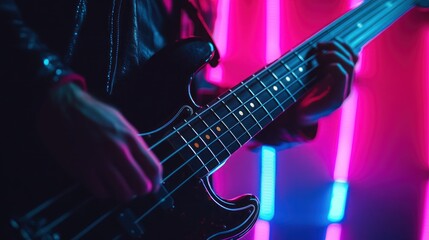 A close-up of a musician playing a bass guitar under vibrant neon lights.