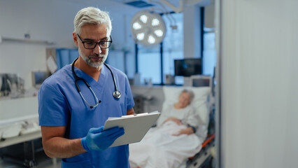 Hospital doctor reviews a old patient's medical report, delivering bed news. Old patient suffering...