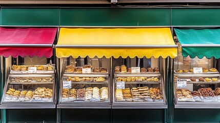 A bakery display showcasing a variety of pastries under colorful awnings.