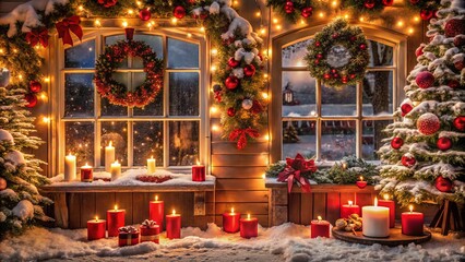 Captivating Low Light Photography of Red and White Christmas Decorations Illuminating Home Windows for a Festive Merry and Bright Atmosphere