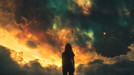 Obraz premium Silhouette of woman gazing at vibrant nebula.