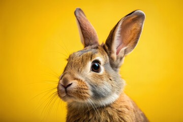 Naklejka premium Close Up of a Cute Rabbit's Face Against a Bright Yellow Background, Perfect for Animal Lovers and Nature Enthusiasts, Highlighting the Endearing Features of This Adorable Creature