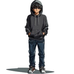Naklejka premium Anime teenage boy in a hoodie and jeans on a white background