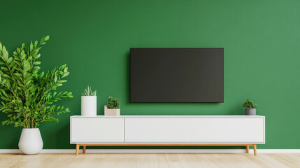 Modern living room design, green wall backdrop, stylish TV cabinet, contemporary furnishings, inviting atmosphere, vibrant color scheme