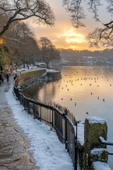Golden Hour Winter Tranquility Picturesque Snowy River Walk At Sunset With Scenic Views.