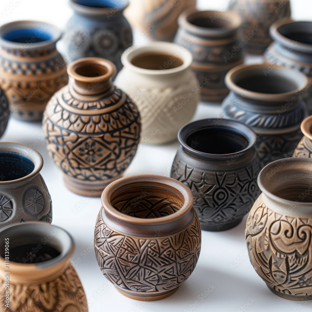 Poster showcasing unique designs intricate closeup of handmade pottery in natural light artistic display of