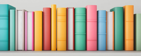 Fototapeta premium Vibrant Book Collection, a 3D illustration featuring an array of colorful books on a shelf, inviting exploration and imagination with ample space for text.