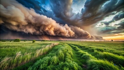 Dramatic Dust Storm Approaching a Lush Green Field: A Captivating Urban Exploration Scene Capturing Nature's Power and Beauty in a Rural Landscape