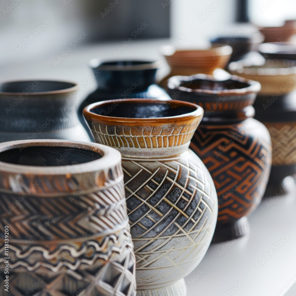 Poster showcasing unique handmade pottery designs in natural light an elegant closeup display of textures a