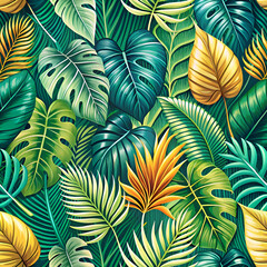 Vibrant Tropical Leaf Pattern with Lush Greens and Golden Accents.