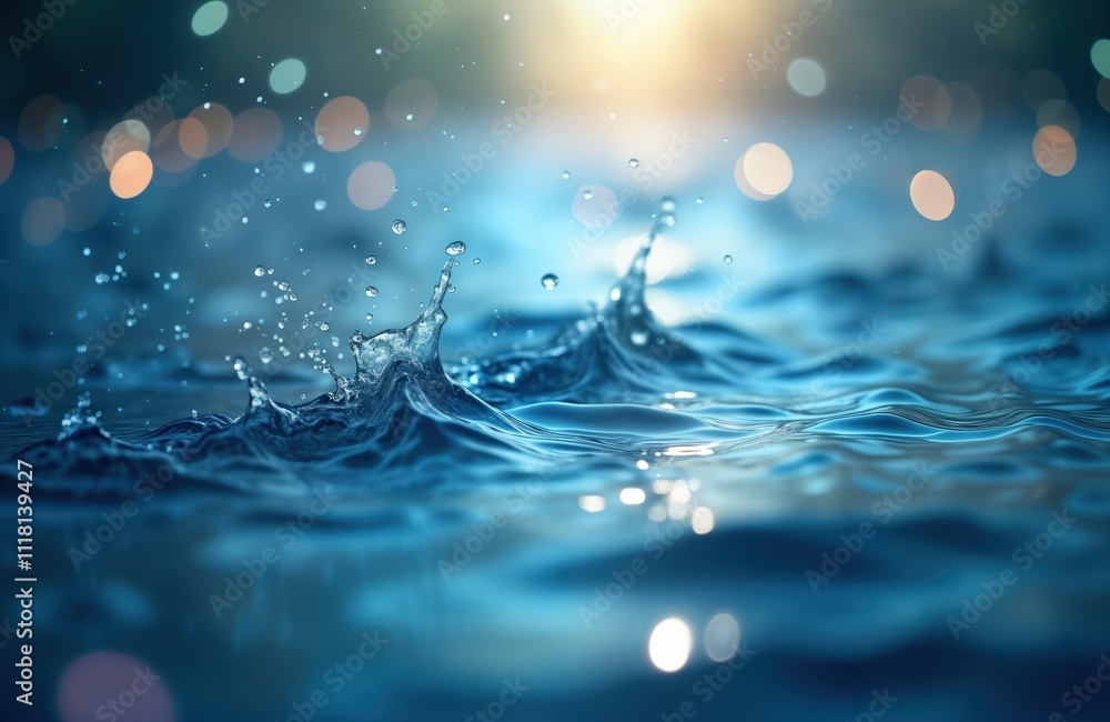 Aufkleber Abstract view of rippling blue water. Water surface with dynamic wave patterns. Light reflects on liquid surface. Water splash shows vibrant blue color with light. Image clear water motion. Ideal for