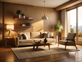 Fototapeta premium Elegant Silhouette Photography of a Modern Living Room Featuring Beige Furniture and Wooden Accents, Capturing a Cozy and Stylish Atmosphere for Home Decor Inspiration