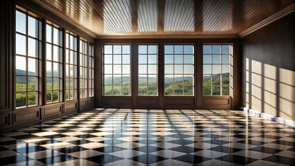 Obraz premium Empty Room with Checkered Wooden Floor and Bright Window: A Minimalist Interior Space Featuring Natural Light and Open Design for Creative Inspiration and Modern Aesthetics
