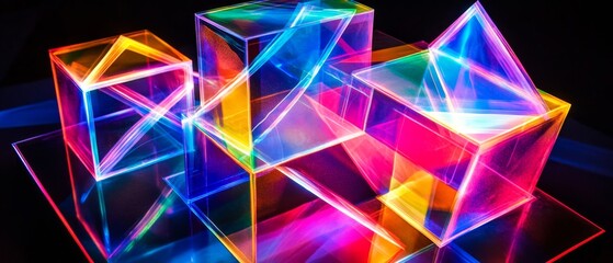 Abstract light refraction and prism reflections creating vivid, colorful shapes and patterns on a dark background, blending geometric forms with vibrant neon light effects