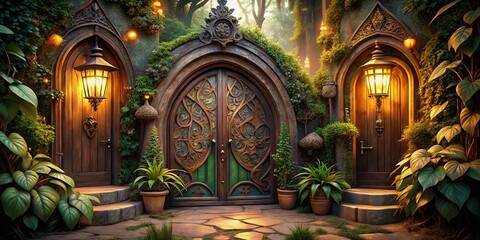 Obraz premium Enchanting Set of Wooden Doors Perfect for a Fairy Tale House Decor, Capturing Whimsical Designs and Rustic Charm in Architectural Photography for Dreamy Interior Spaces