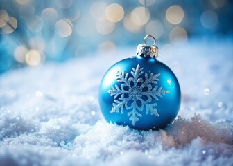 Fototapeta premium Festive Blue Ornament with Snowflake Design on Snowy Surface Capturing the Joy of Winter Celebrations in Long Exposure Photography