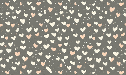 Seamless pattern of hand-drawn hearts in soft peach and cream on a dark gray background, perfect for Valentine's Day, wedding, or romantic designs.