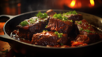 Fototapeta premium Braised beef short ribs cooking dutch oven recipe guide professional kitchen culinary art rich brown sauce tender meat
