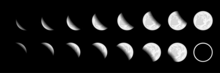 Moonlight Collection: Realistic Vector Illustrations of Crescent Phases, Lunar Eclipses, Astronomy Science, and Night Sky Elements. Vector.