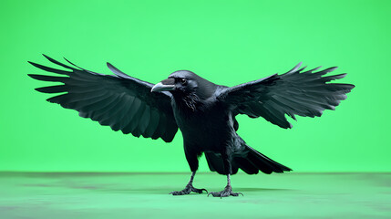 A crow spreading its wings with a green screen background, providing a versatile scene for chroma key editing. Chroma. Illustration