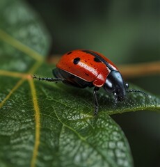 Fototapeta premium Vibrant red scarlet lily beetle bug on a leaf ai Generative